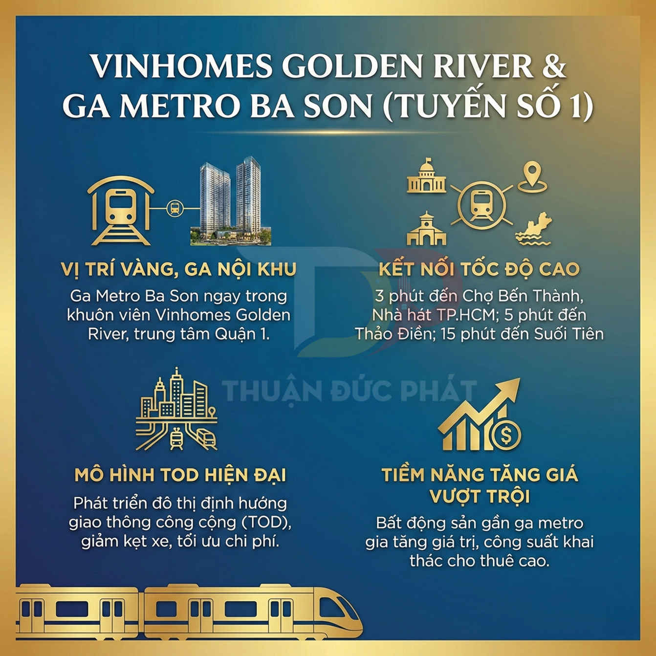 Infographic giới thiệu dự án Vinhomes Golden River và ga metro Ba Son tuyến số 1 tại trung tâm Quận 1