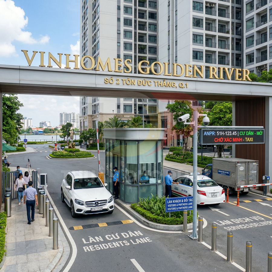 Cổng vào khu căn hộ Vinhomes Golden River với làn xe cư dân và bảo vệ kiểm soát an ninh