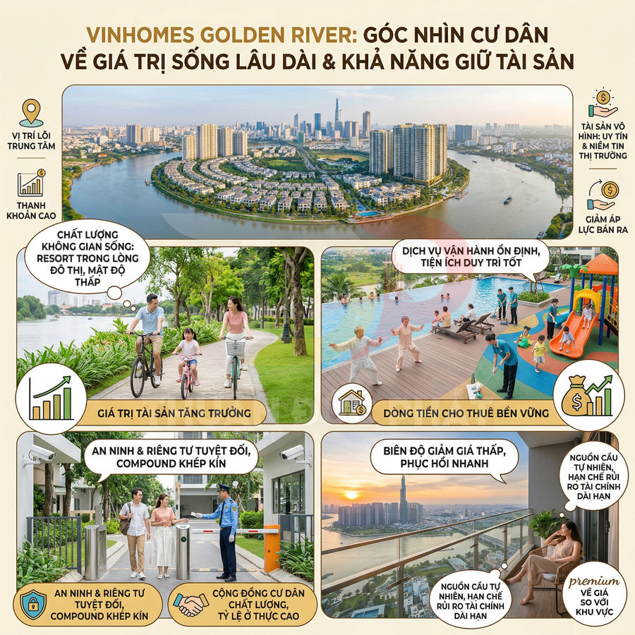 Khu căn hộ Vinhomes Golden River ven sông với tiện ích hồ bơi, công viên, an ninh khép kín và tầm nhìn trung tâm TP HCM