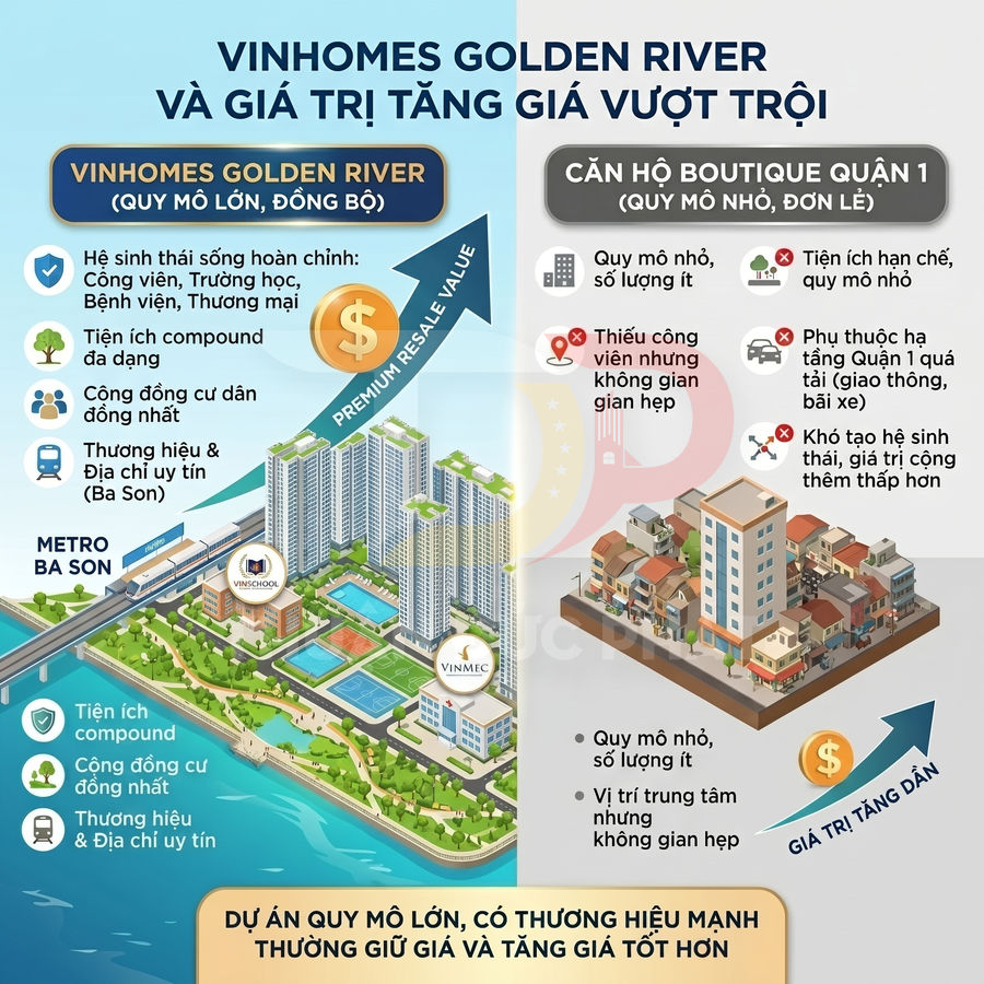 Infographic so sánh dự án căn hộ Vinhomes Golden River với căn hộ boutique nhỏ lẻ tại quận 1