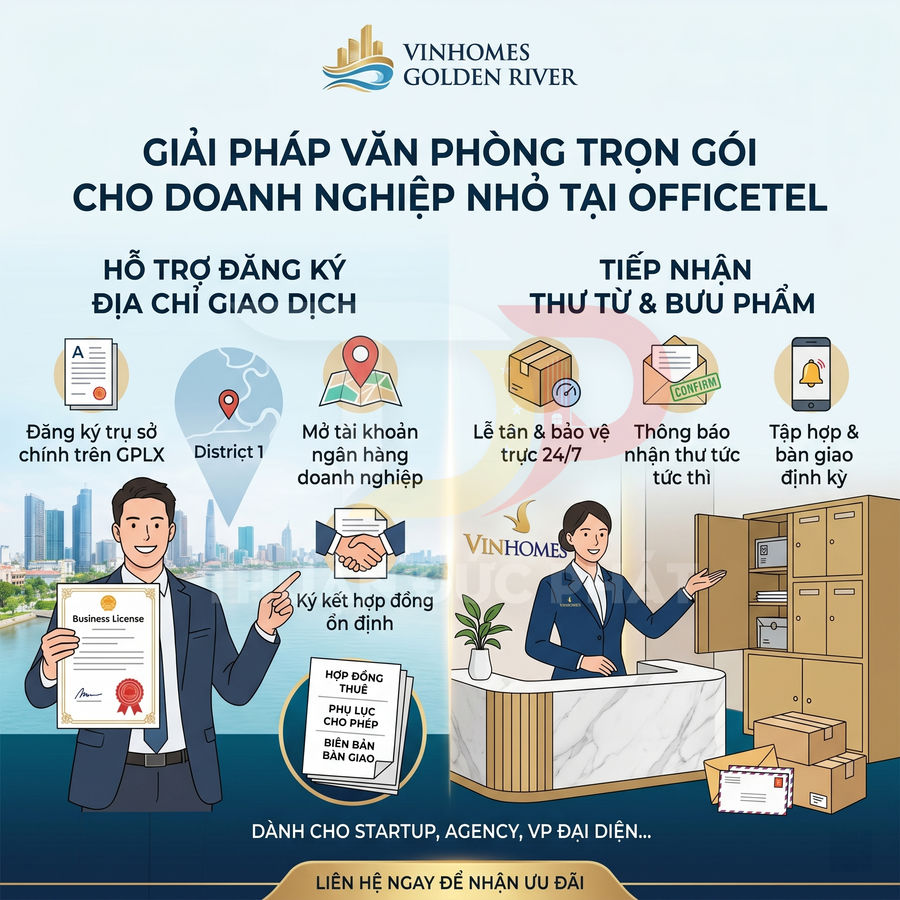 Giải pháp văn phòng trọn gói Officetel Vinhomes Golden River cho doanh nghiệp nhỏ, hỗ trợ đăng ký địa chỉ và nhận thư bưu phẩm