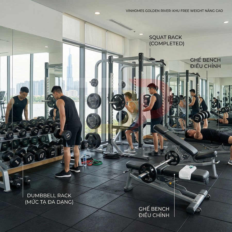 Phòng gym với dàn tạ tay, ghế bench điều chỉnh và khung squat hiện đại cạnh cửa kính lớn