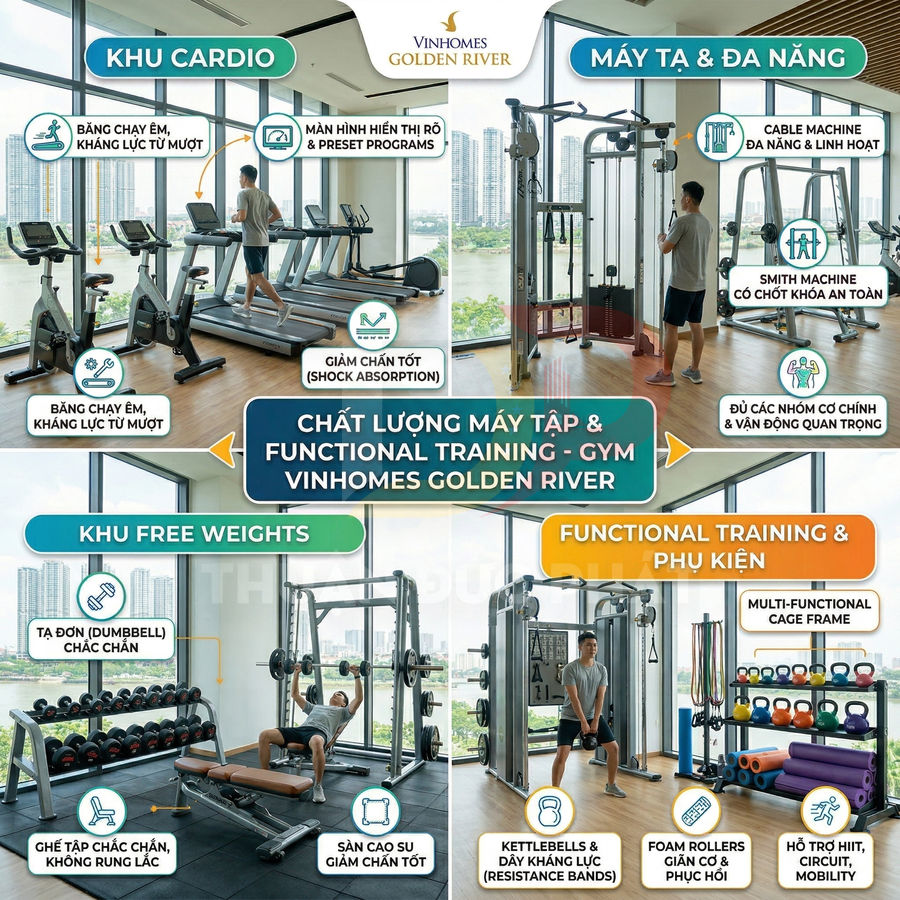 Phòng gym Vinhomes Golden River với máy chạy bộ, máy tạ đa năng, tạ đơn và phụ kiện functional training hiện đại