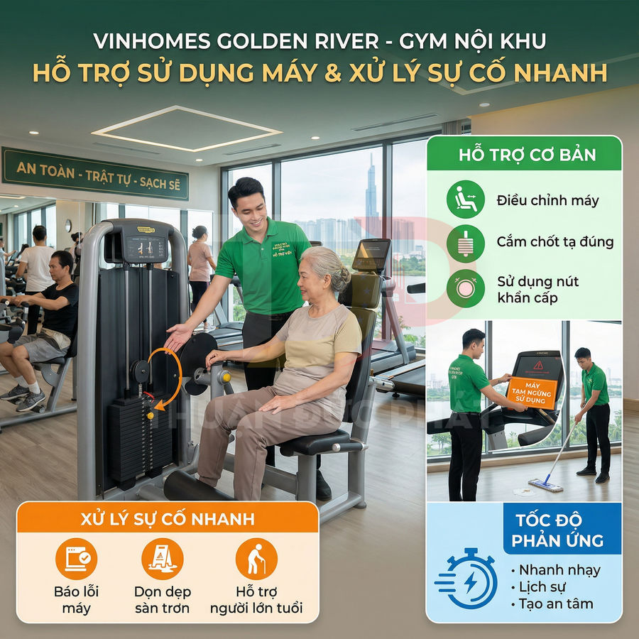 Nhân viên Vinhomes Golden River hỗ trợ người lớn tuổi sử dụng máy tập gym và xử lý sự cố nhanh trong phòng tập nội khu