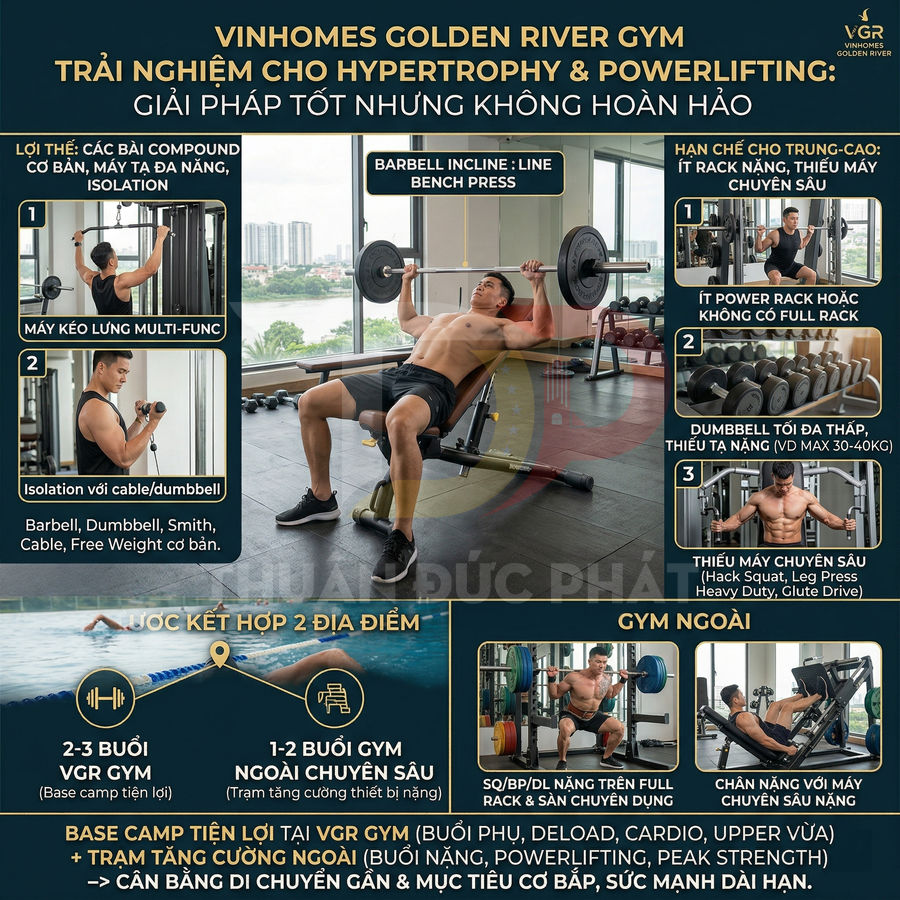 Người đàn ông tập tạ trong phòng gym Vinhomes Golden River với nhiều máy tập và tạ tự do xung quanh