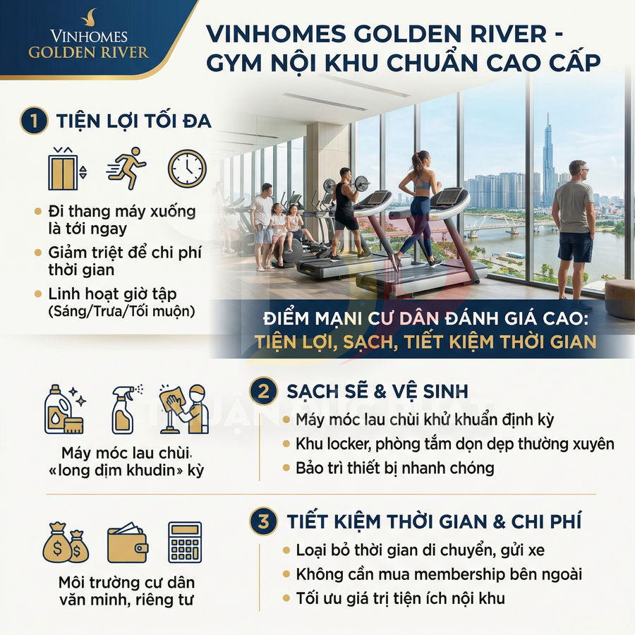 Phòng gym nội khu Vinhomes Golden River cao cấp với máy chạy bộ, view sông và tòa nhà Landmark 81