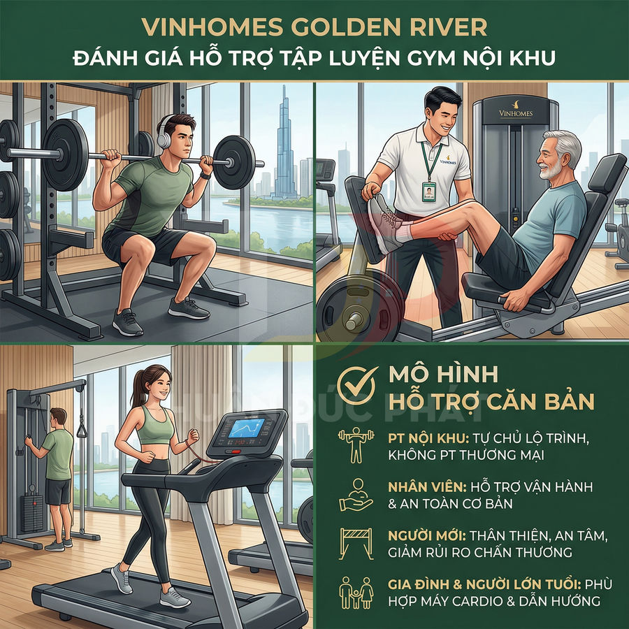 Phòng gym nội khu Vinhomes Golden River với máy chạy bộ, tạ và huấn luyện viên hỗ trợ người tập
