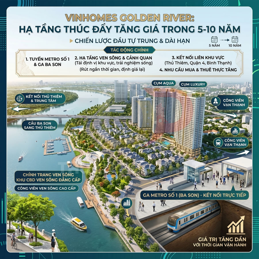 Phối cảnh dự án căn hộ Vinhomes Golden River ven sông Sài Gòn với ga metro số 1 Ba Son và hạ tầng xanh hiện đại