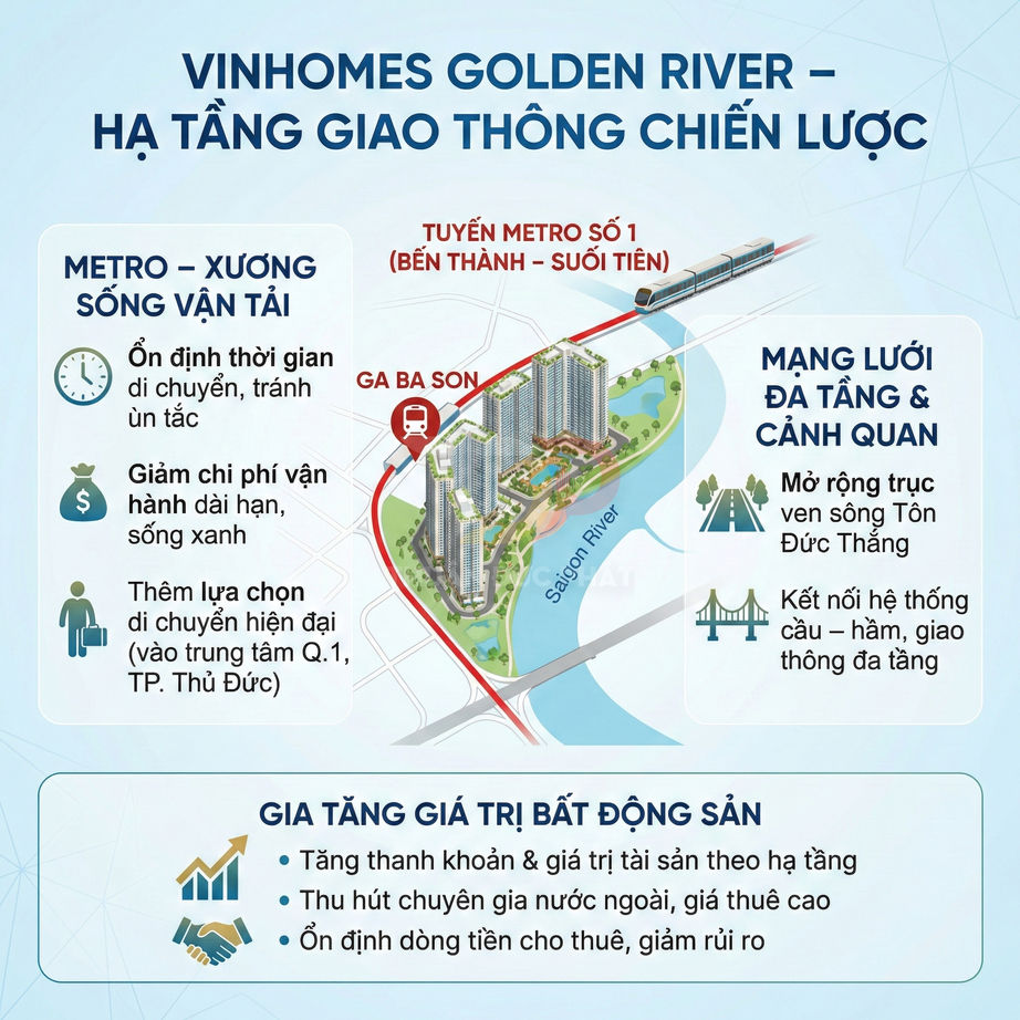 Infographic dự án Vinhomes Golden River cạnh sông Sài Gòn, gần ga metro Ba Son và hạ tầng giao thông chiến lược