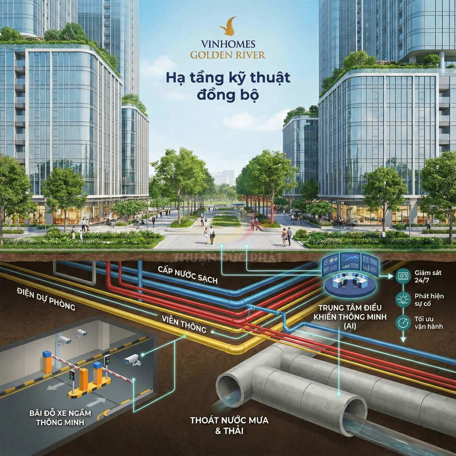 Hạ tầng kỹ thuật đồng bộ Vinhomes Golden River với đường ống ngầm, bãi đỗ xe thông minh và trung tâm điều khiển AI