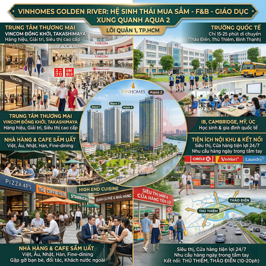 Tổng quan tiện ích mua sắm, ẩm thực, giáo dục quanh dự án căn hộ Vinhomes Golden River Aqua 2