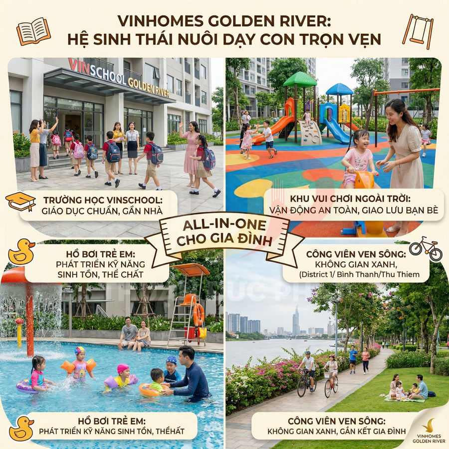 Tiện ích gia đình tại Vinhomes Golden River với trường Vinschool, khu vui chơi, hồ bơi trẻ em và công viên ven sông