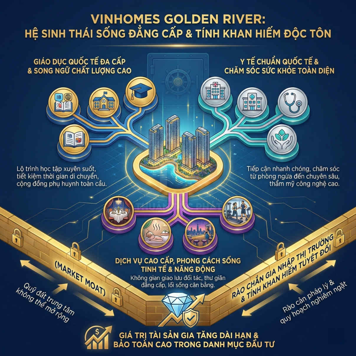 Infographic giới thiệu hệ sinh thái sống đẳng cấp và giá trị đầu tư dự án căn hộ Vinhomes Golden River