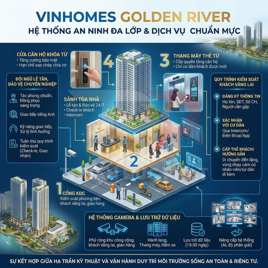 Infographic hệ thống an ninh đa lớp và dịch vụ tại khu căn hộ cao cấp Vinhomes Golden River