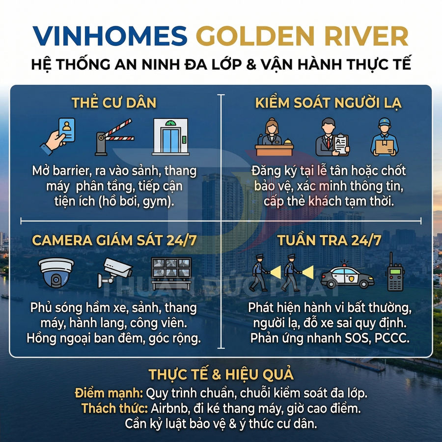 Hệ thống an ninh đa lớp Vinhomes Golden River với thẻ cư dân, camera giám sát và tuần tra 24/7