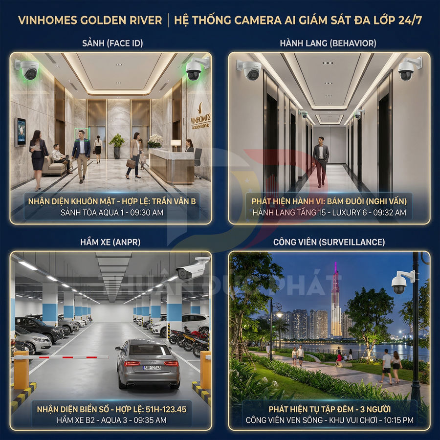 Hệ thống camera AI giám sát 24/7 tại Vinhomes Golden River ở sảnh, hành lang, hầm xe và công viên