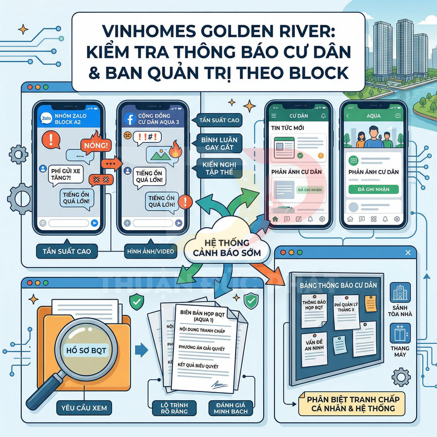Giao diện hệ thống cảnh báo sớm và quản lý thông báo cư dân Vinhomes Golden River trên điện thoại và máy tính