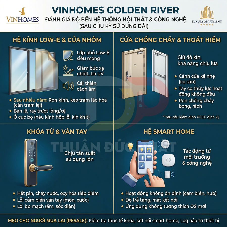Infographic đánh giá độ bền hệ thống nội thất, cửa kính, cửa chống cháy, khóa từ và smart home tại Vinhomes Golden River