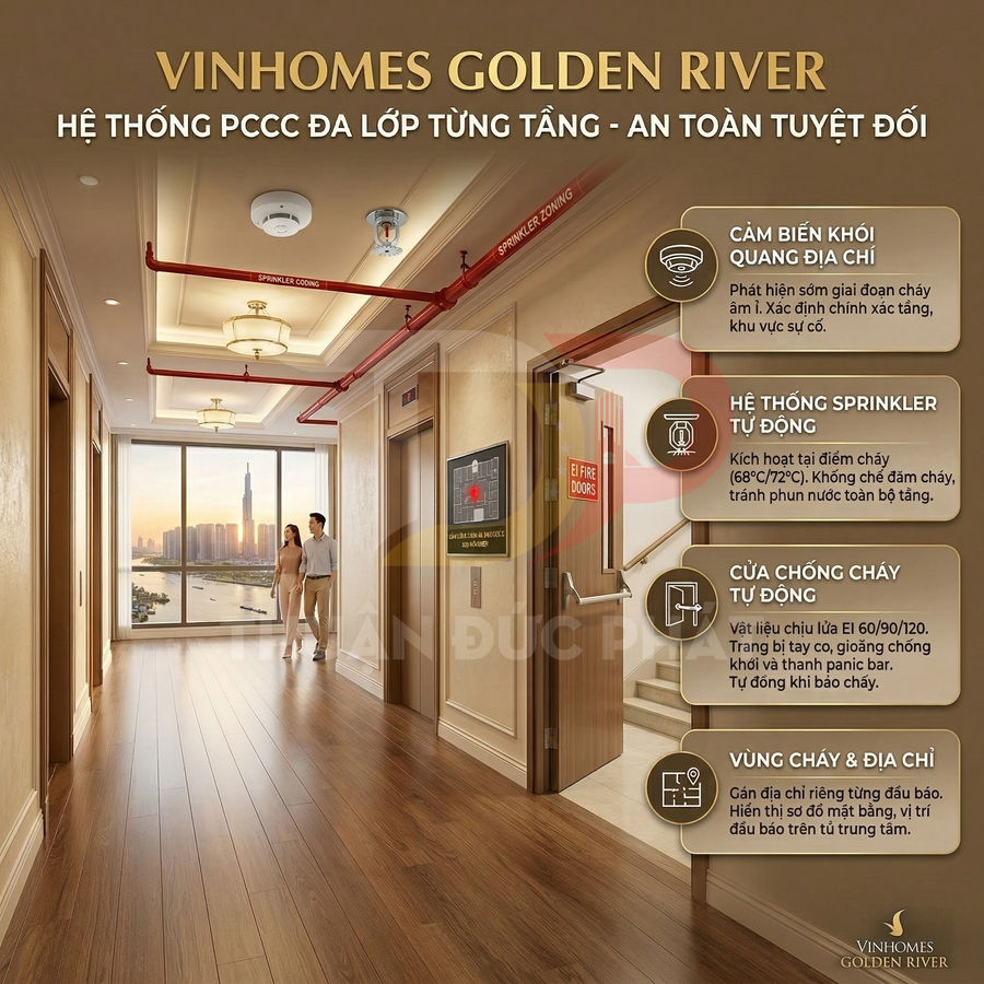 Hành lang căn hộ Vinhomes Golden River với hệ thống PCCC đa lớp và cửa chống cháy tự động