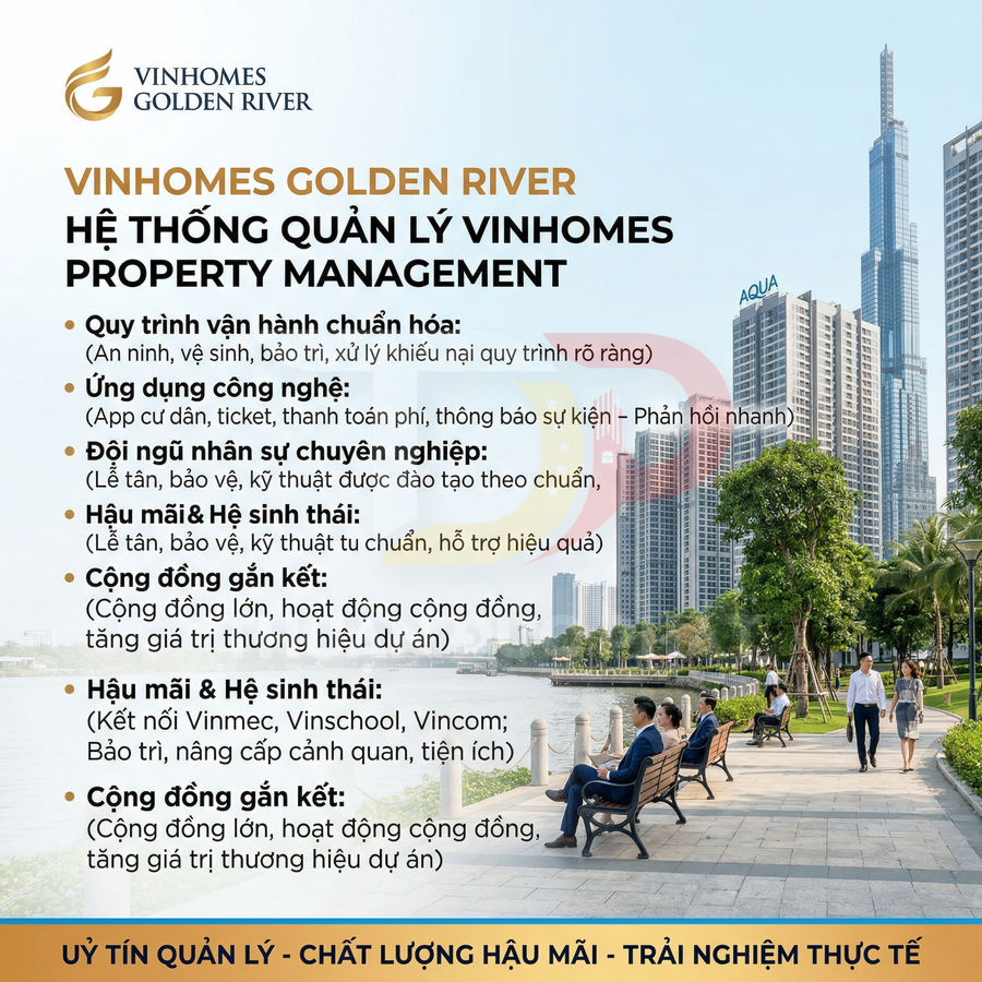 Hệ thống quản lý Vinhomes Golden River với cư dân dạo bộ bên sông và các tòa nhà cao tầng hiện đại