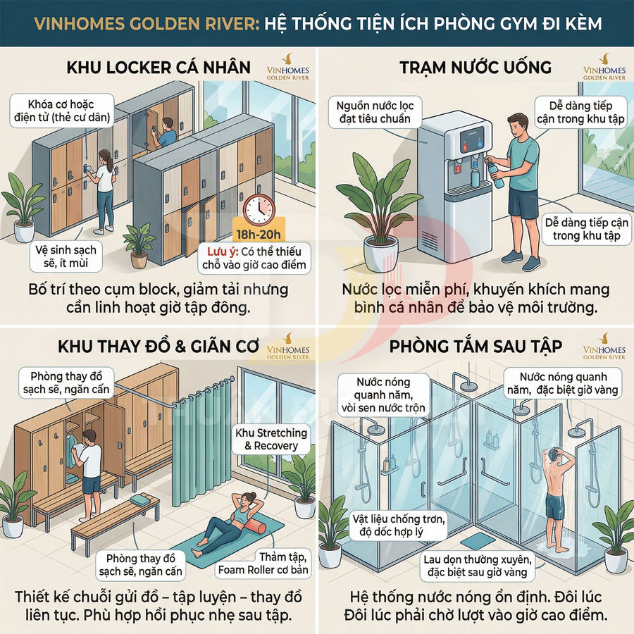 Tiện ích phòng gym Vinhomes Golden River với khu locker, trạm nước uống, khu thay đồ giãn cơ và phòng tắm hiện đại