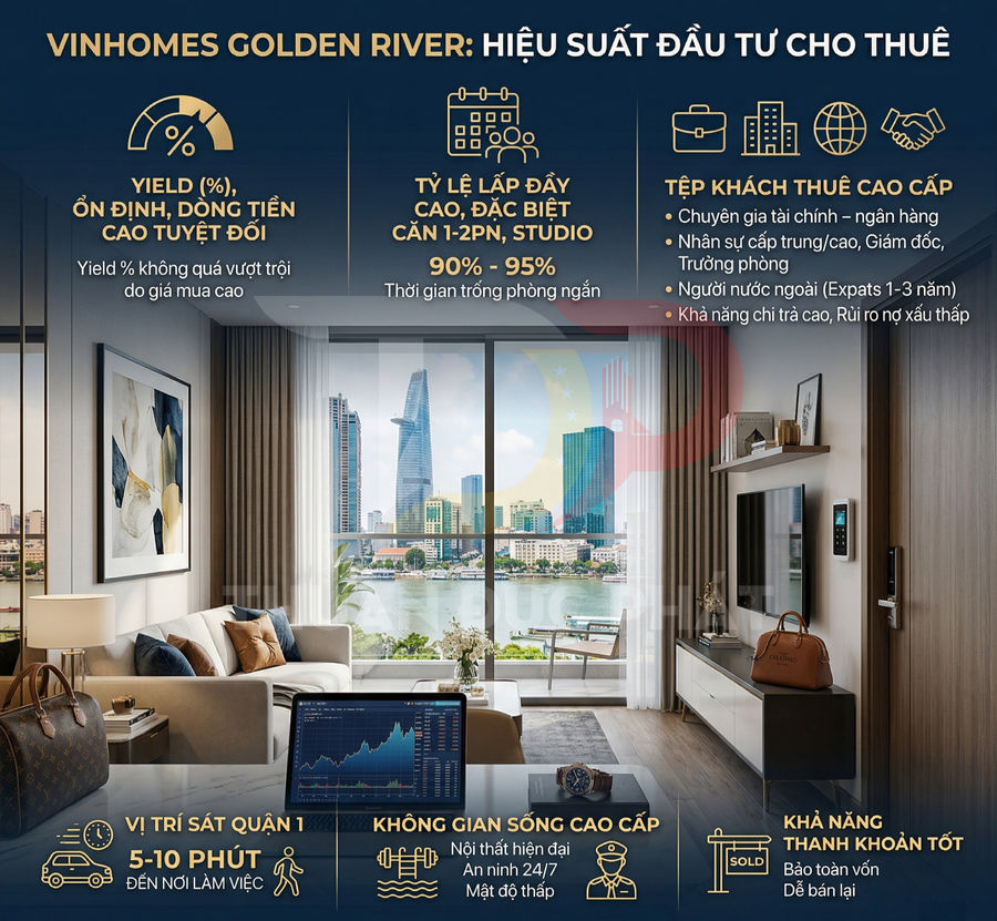 Căn hộ Vinhomes Golden River cao cấp với phòng khách hiện đại nhìn ra skyline quận 1, phù hợp đầu tư cho thuê