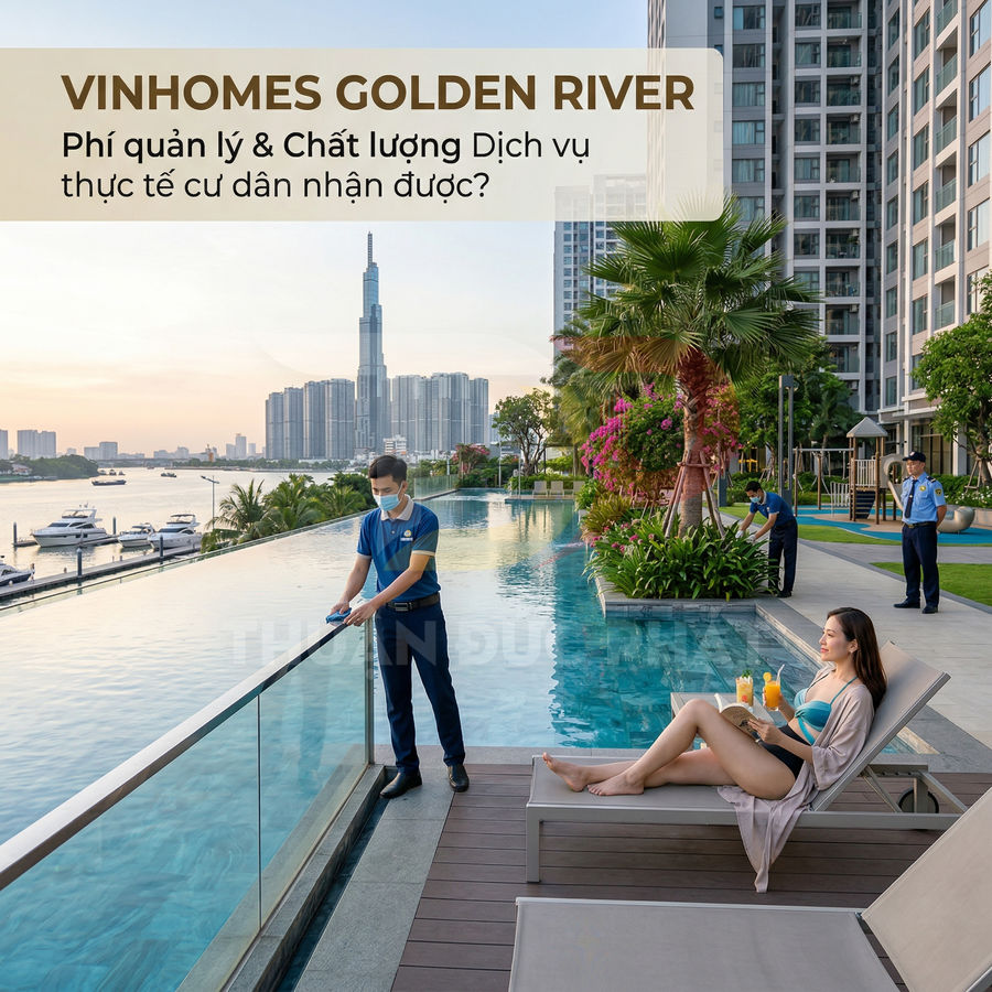 Hồ bơi ngoài trời Vinhomes Golden River với nhân viên vệ sinh và cư dân thư giãn bên sông Sài Gòn