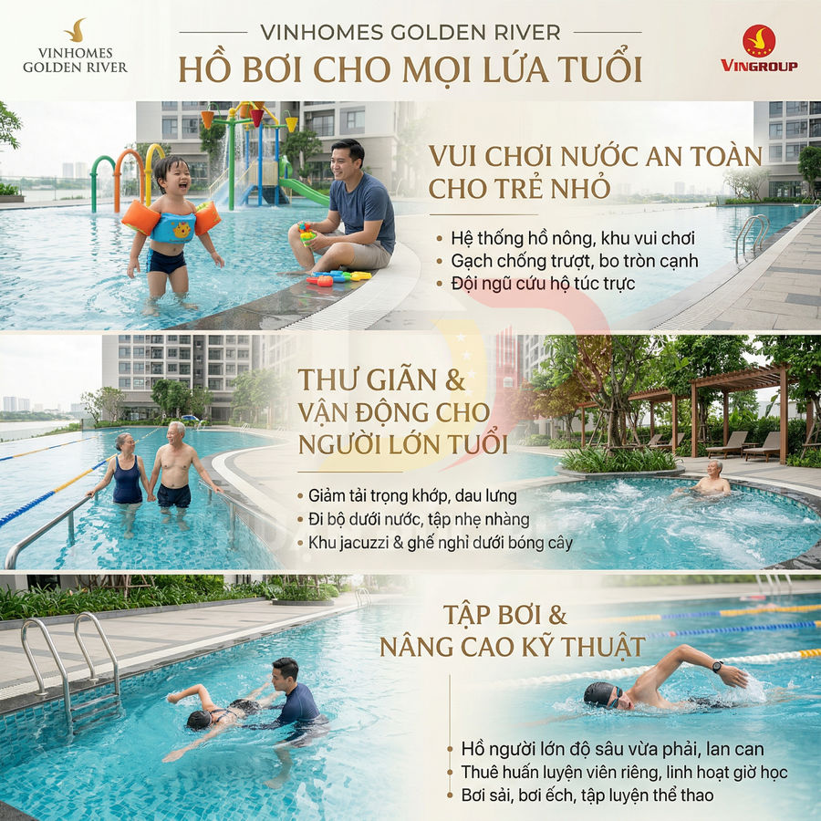 Hồ bơi Vinhomes Golden River với khu vui chơi trẻ em, bể jacuzzi và làn bơi tập luyện cho mọi lứa tuổi