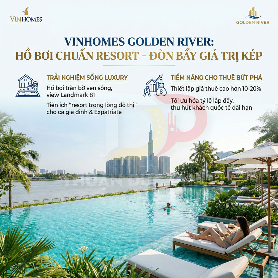 Hồ bơi tràn bờ Vinhomes Golden River ven sông, ghế tắm nắng và view Landmark 81 sang trọng