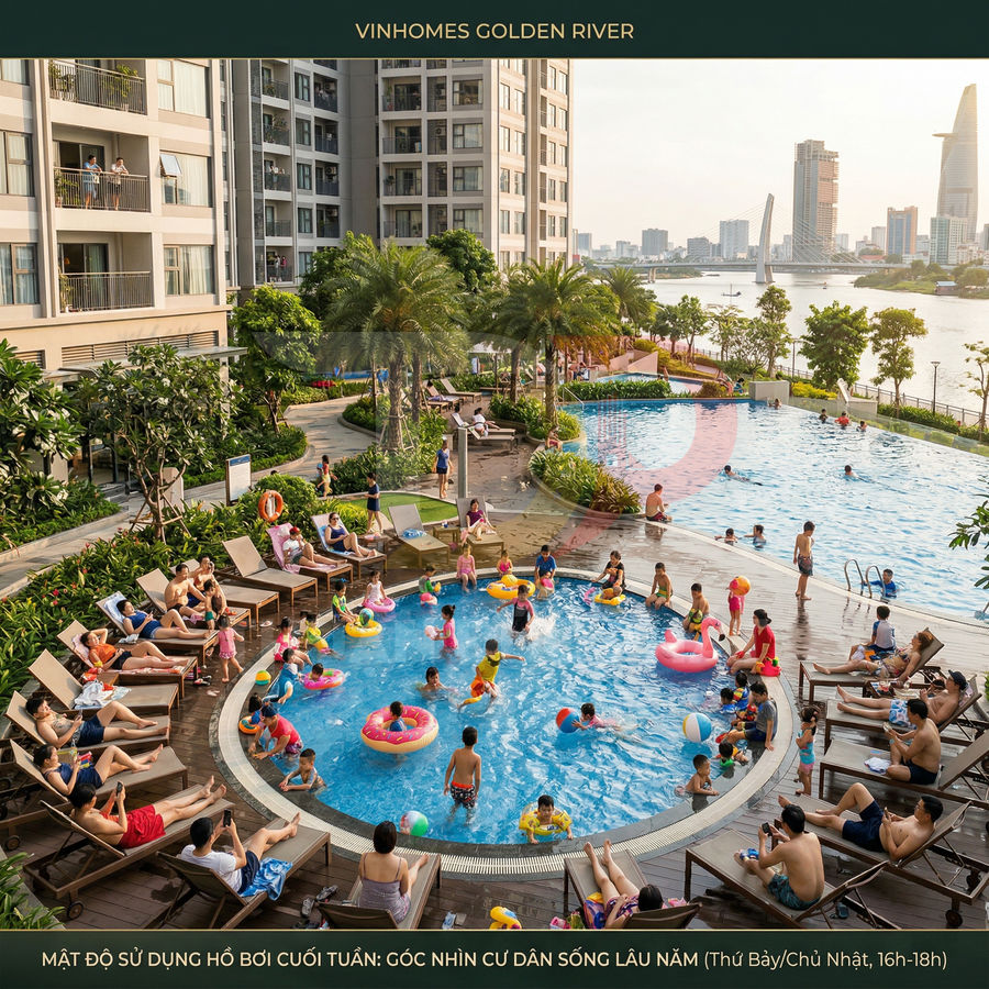 Hồ bơi ngoài trời Vinhomes Golden River đông cư dân vui chơi cuối tuần bên sông Sài Gòn