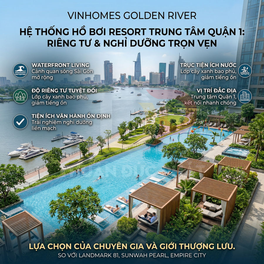 Hệ thống hồ bơi resort cao cấp Vinhomes Golden River ven sông Sài Gòn với khu nghỉ dưỡng riêng tư