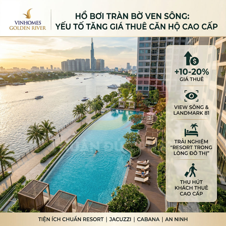 Hồ bơi tràn bờ ven sông tại khu căn hộ cao cấp Vinhomes Golden River nhìn ra Landmark 81