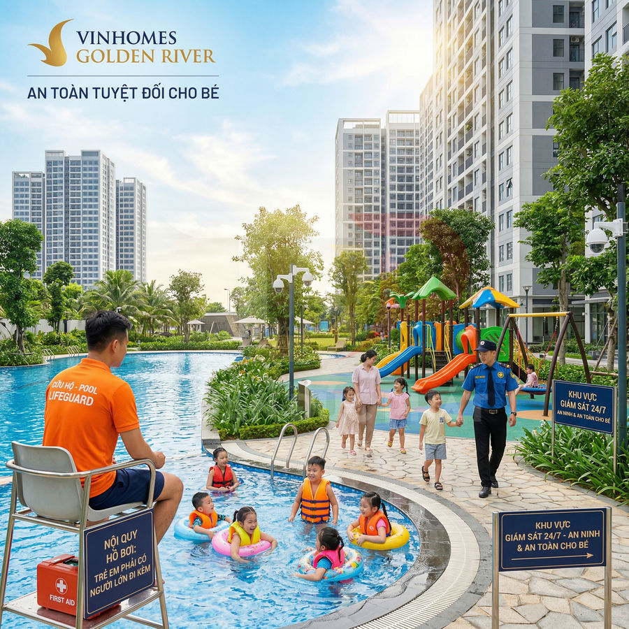 Khu vui chơi và hồ bơi trẻ em tại căn hộ Vinhomes Golden River với cứu hộ và bảo vệ giám sát an toàn