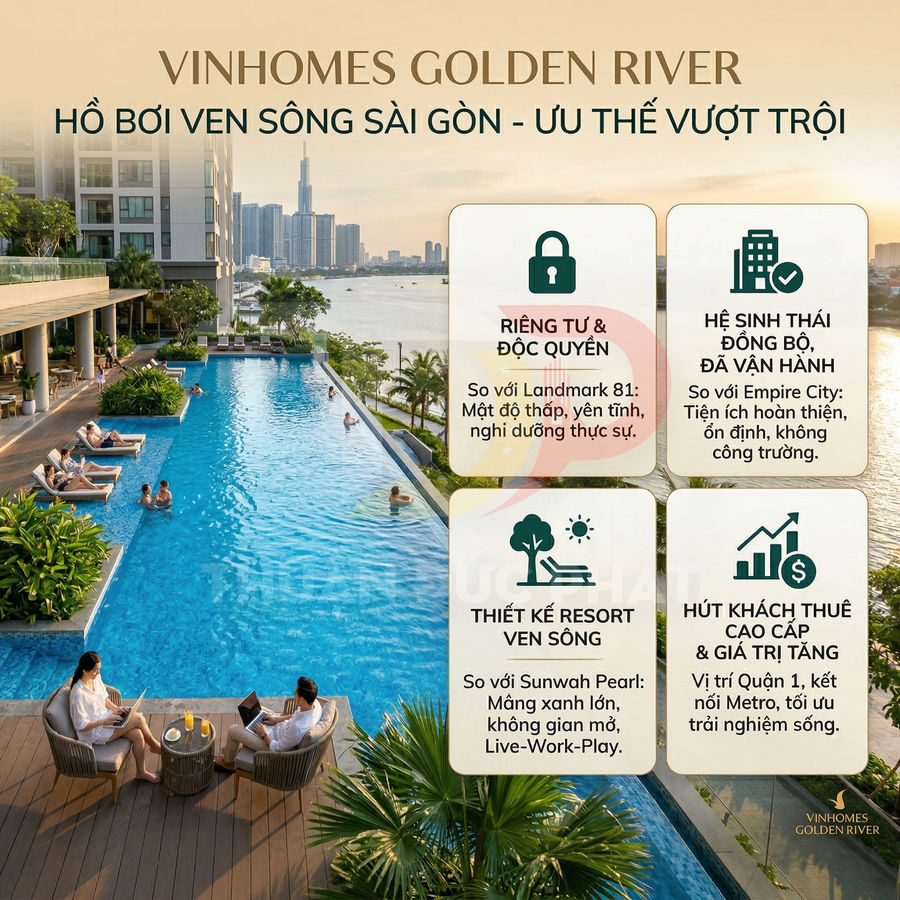 Hồ bơi ven sông tại khu căn hộ cao cấp Vinhomes Golden River với không gian nghỉ dưỡng sang trọng