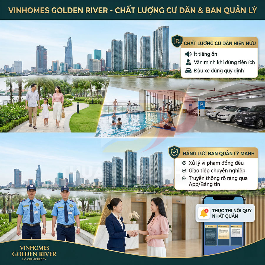 Khu căn hộ cao cấp Vinhomes Golden River với tiện ích hồ bơi, bãi đậu xe, công viên và đội ngũ bảo vệ, lễ tân chuyên nghiệp