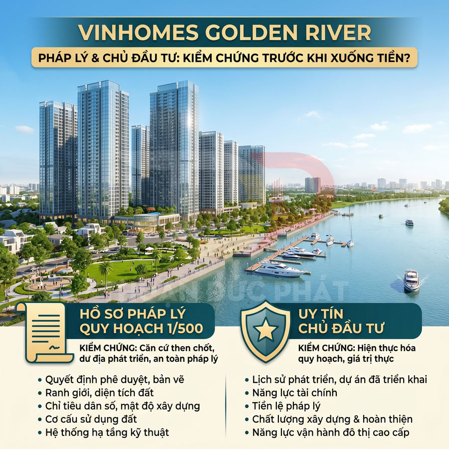 Phối cảnh dự án căn hộ cao cấp Vinhomes Golden River ven sông với bến du thuyền và công viên xanh