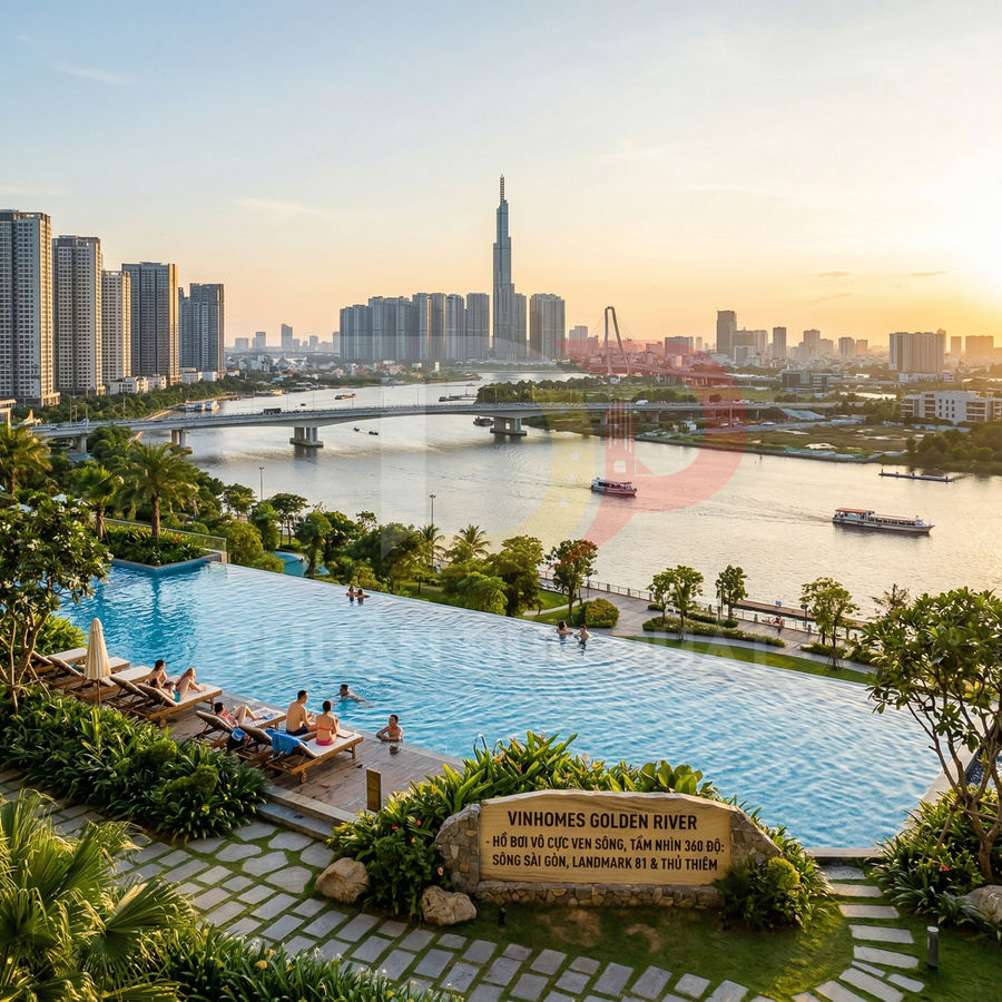 Hồ bơi vô cực Vinhomes Golden River view sông Sài Gòn và Landmark 81 lúc hoàng hôn