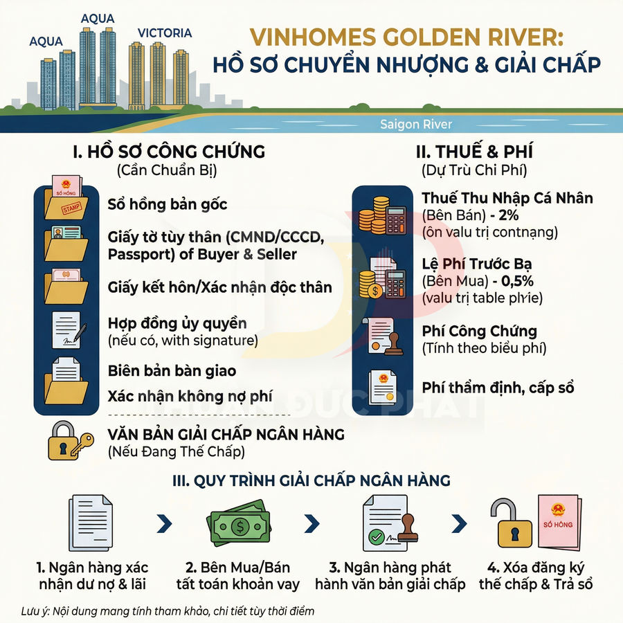 Infographic hướng dẫn hồ sơ chuyển nhượng và giải chấp căn hộ Vinhomes Golden River chi tiết từng bước