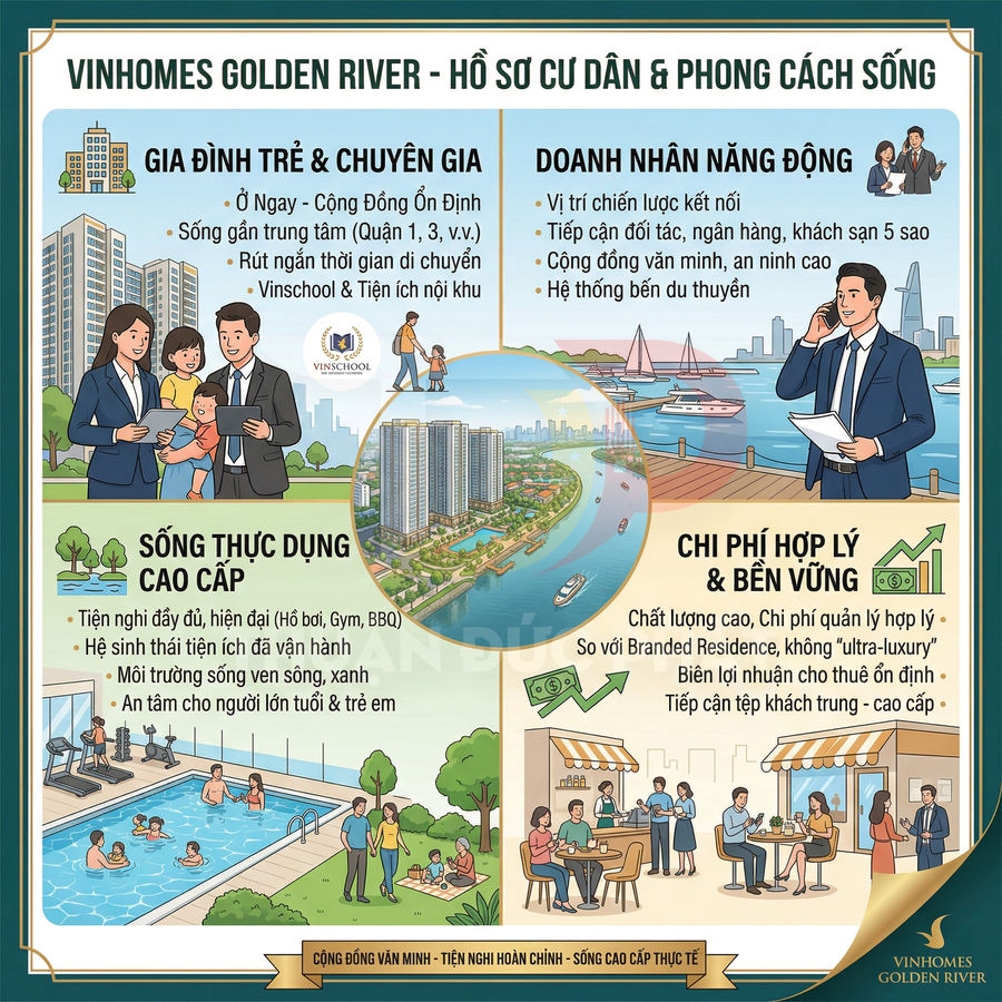 Infographic giới thiệu phong cách sống và tiện ích cao cấp tại khu căn hộ Vinhomes Golden River