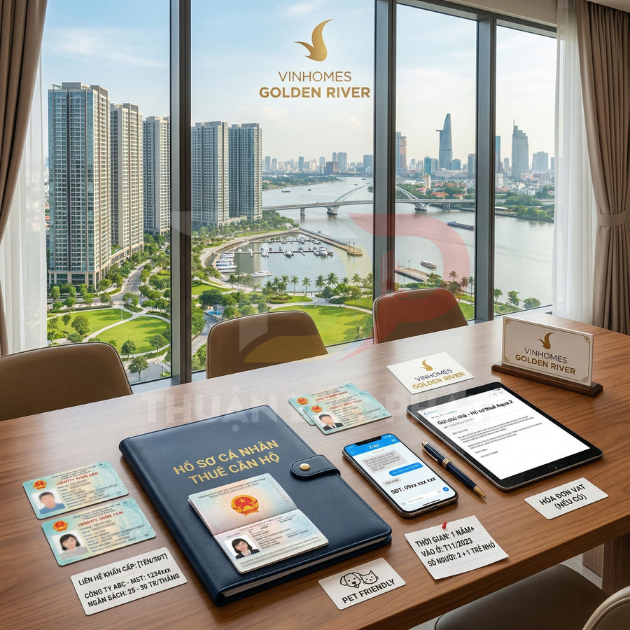 Hồ sơ cá nhân thuê căn hộ Vinhomes Golden River bày trên bàn cùng căn cước, điện thoại và máy tính bảng