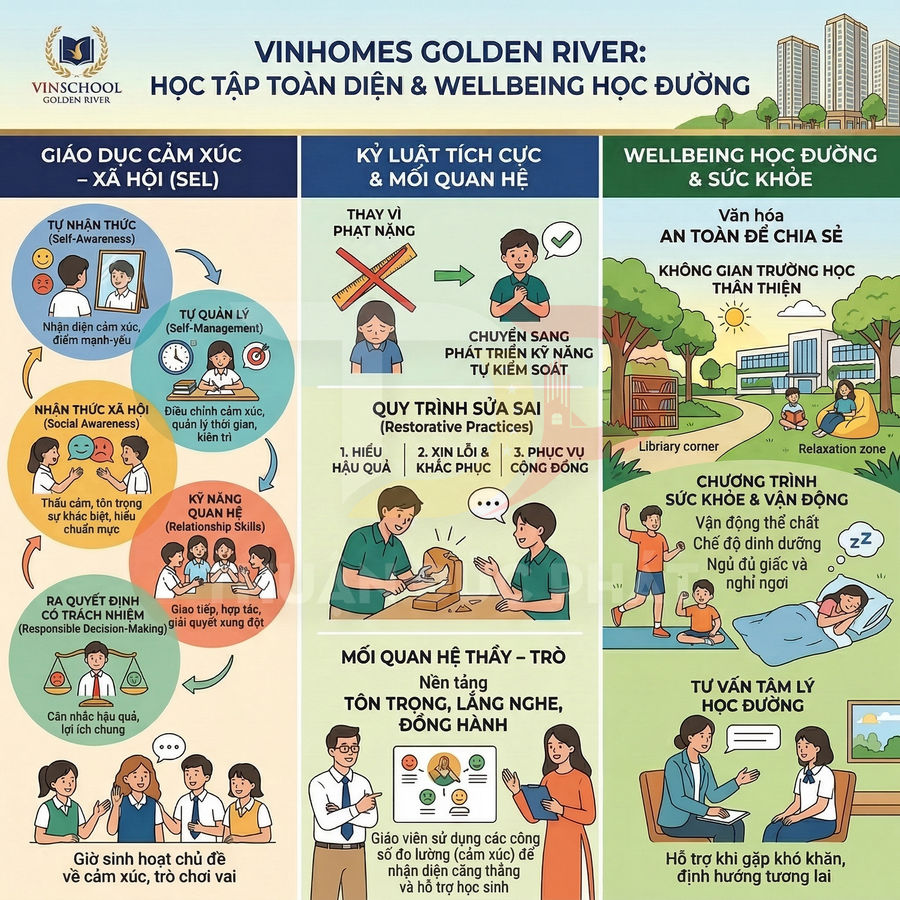 Infographic chương trình học tập toàn diện và wellbeing học đường tại Vinschool Vinhomes Golden River