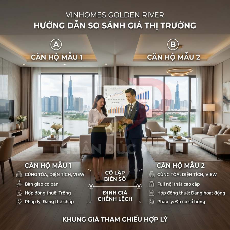 So sánh giá căn hộ mẫu Vinhomes Golden River với hai chuyên viên tư vấn trong phòng khách view sông
