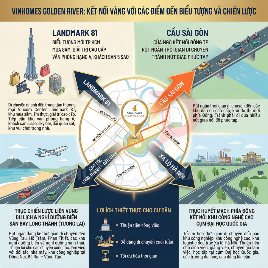 Infographic vị trí dự án Vinhomes Golden River và kết nối giao thông đến các khu vực trọng điểm TP HCM