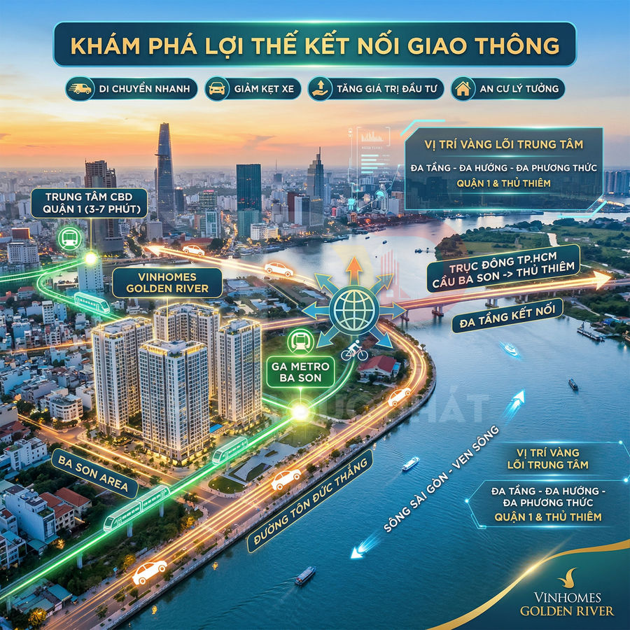 Vinhomes Golden River đường Tôn Đức Thắng có lợi thế gì về kết nối giao thông: metro, cầu Ba Son, CBD Quận 1 &amp; trục Đông TP.HCM