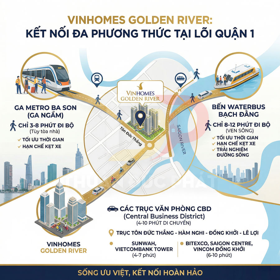 Infographic vị trí Vinhomes Golden River quận 1 kết nối ga metro Ba Son, bến waterbus Bạch Đằng và khu CBD
