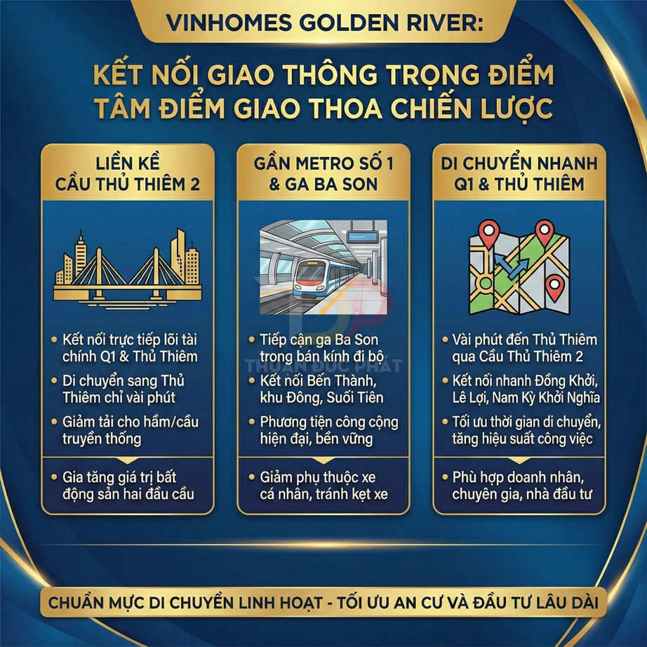 Infographic Vinhomes Golden River giới thiệu kết nối giao thông chiến lược gần cầu Thủ Thiêm 2 và tuyến metro số 1
