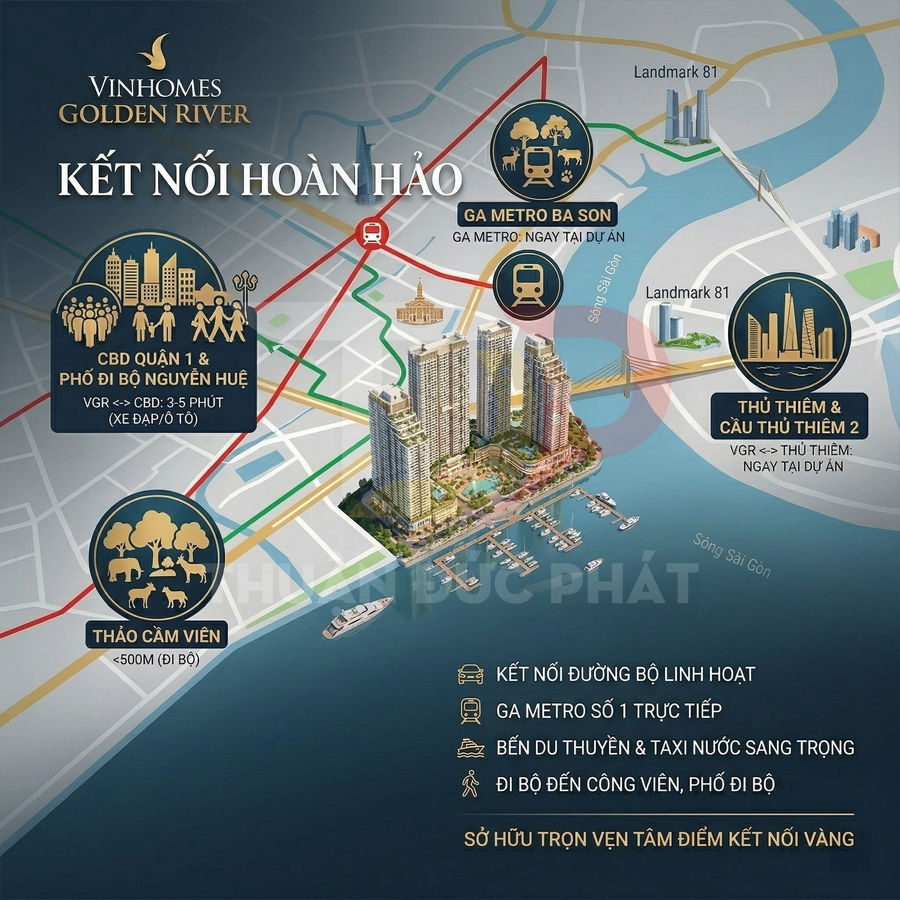 Phối cảnh dự án căn hộ Vinhomes Golden River bên sông Sài Gòn với vị trí kết nối metro và trung tâm quận 1