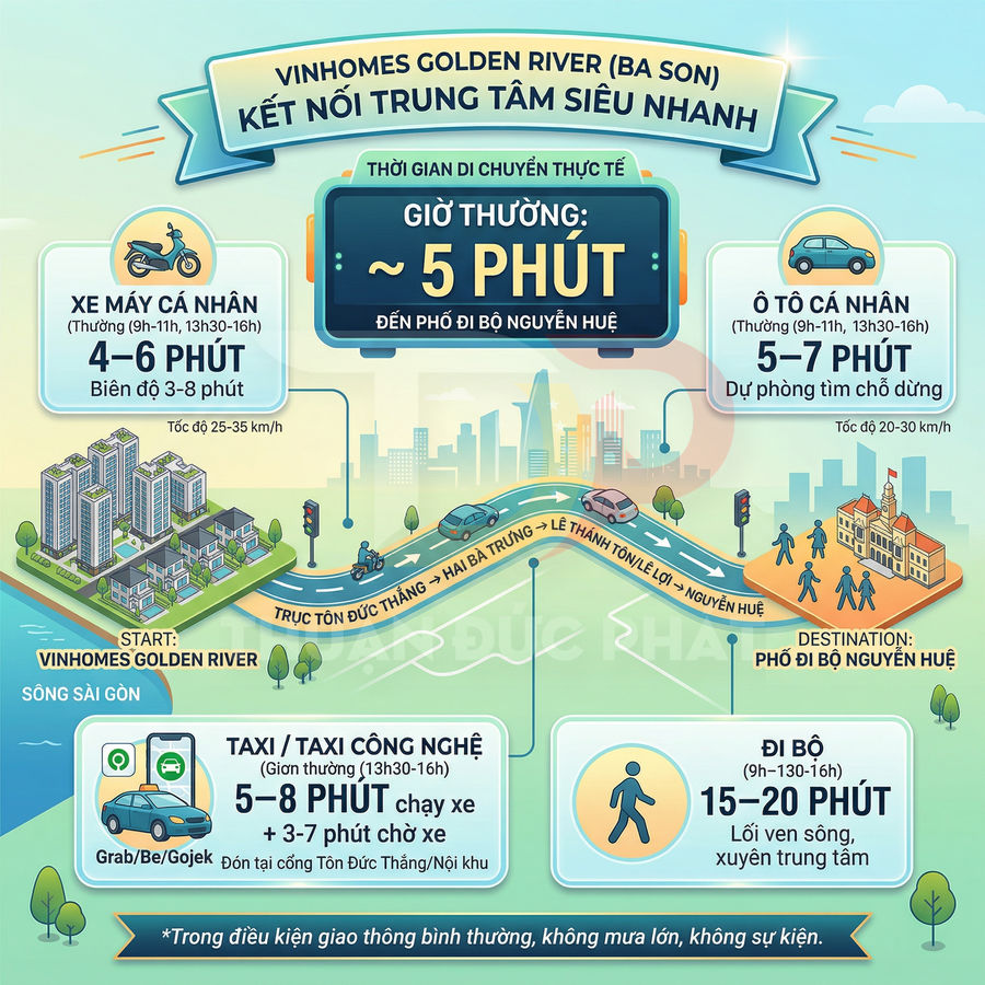 Infographic thời gian di chuyển từ Vinhomes Golden River đến phố đi bộ Nguyễn Huệ bằng xe máy, ô tô, taxi và đi bộ