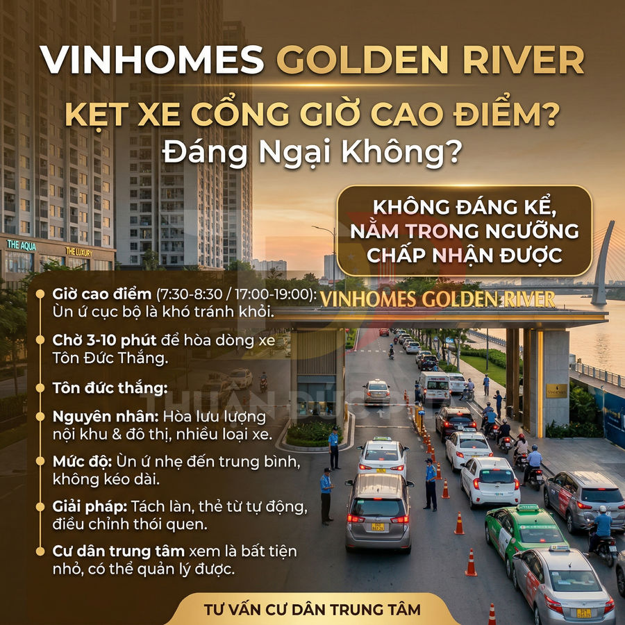 Cổng vào khu căn hộ Vinhomes Golden River với hàng ô tô và xe máy xếp hàng giờ cao điểm