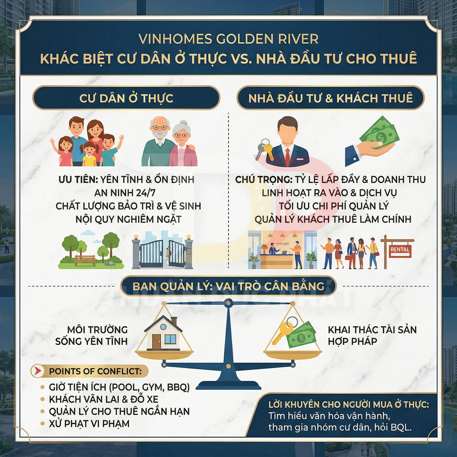 Infographic Vinhomes Golden River so sánh nhu cầu cư dân ở thực và nhà đầu tư cho thuê, vai trò ban quản lý cân bằng lợi ích